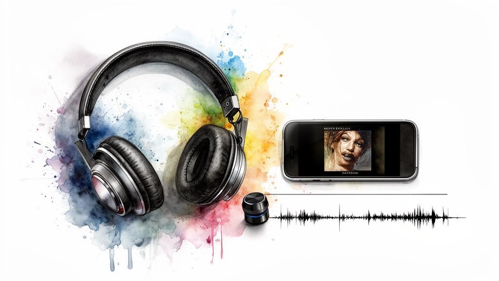 Stylish headphones, a smartphone playing music, a volume knob, and a sound wave against a vibrant watercolor background.