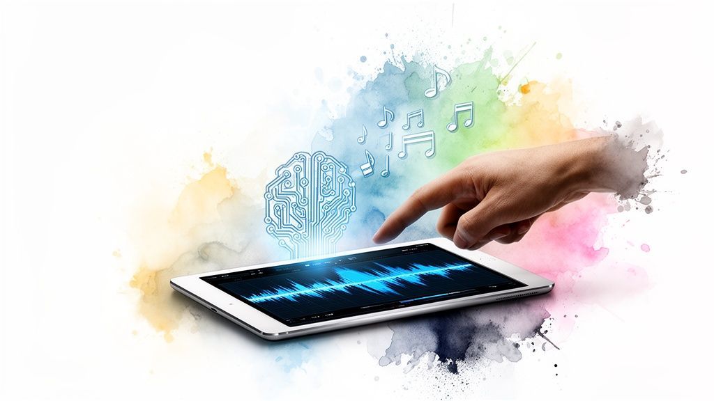 Digital music creation with AI: hand on tablet, sound waves, circuit brain, and musical notes.