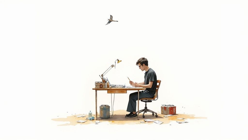 A young man intently works at a desk with a laptop and art supplies, surrounded by scattered papers, as a bird flies above.