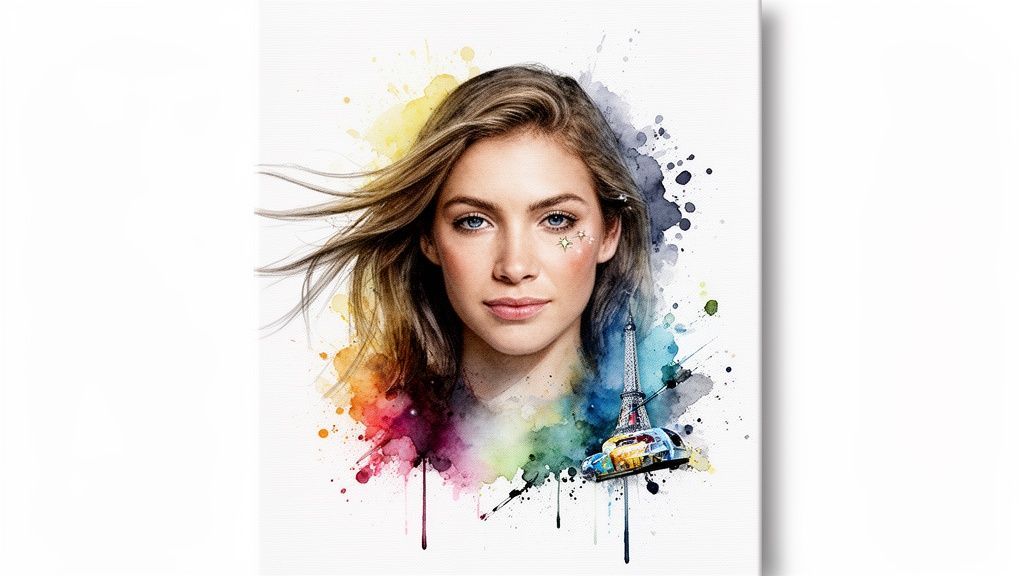 A vibrant watercolor portrait of a woman with colorful paint splashes, the Eiffel Tower, and a car.