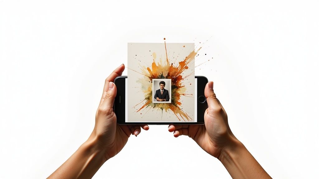 Two hands hold a smartphone horizontally, displaying a vibrant watercolor image with a man's portrait.