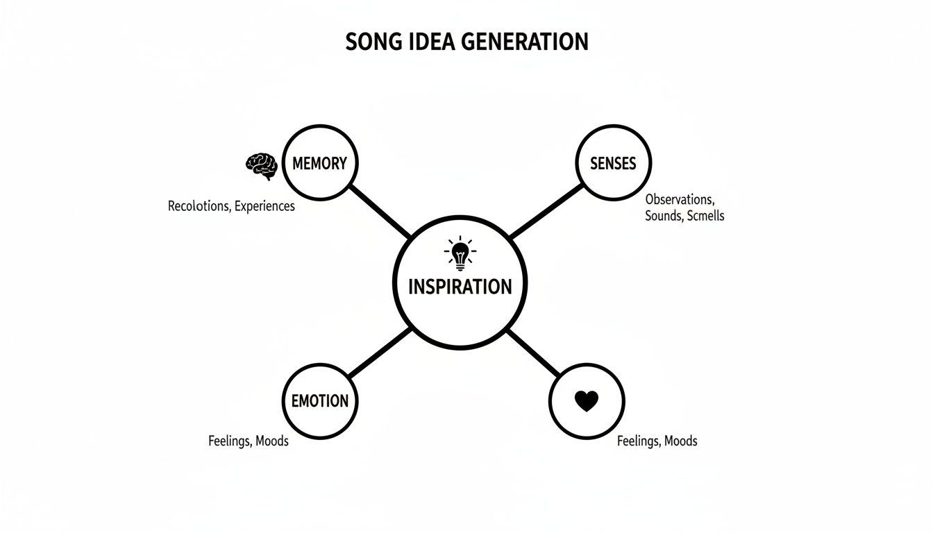 A diagram illustrating song idea generation, branching from inspiration to memory, senses, and emotion.