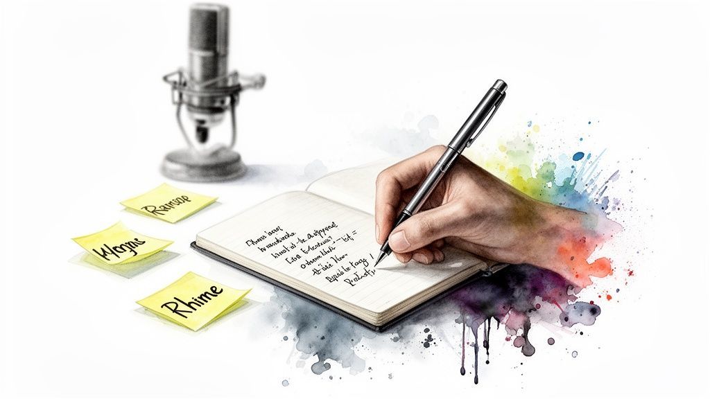 Hand writing in a notebook with a pen, microphone and sticky notes nearby, symbolizing creative writing and inspiration.