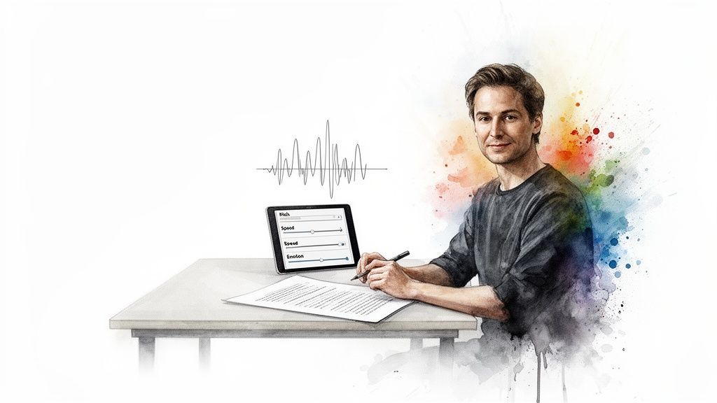 A man at a desk works on a tablet with voice pitch, speed, and emotion controls.