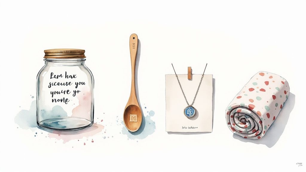 Watercolor illustration of personalized gift items including jar, wooden spoon, monogram necklace, and polka dot blanket