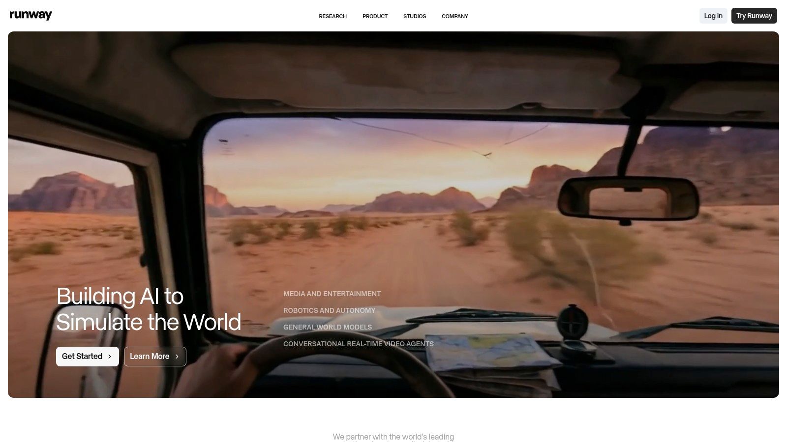 A car driving through a desert landscape, generated by the Runway AI video tool.