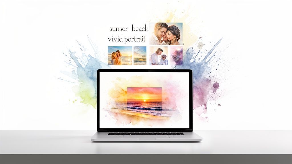 A laptop displaying a vibrant watercolor sunset beach scene, surrounded by small portrait photos and artistic splatters.