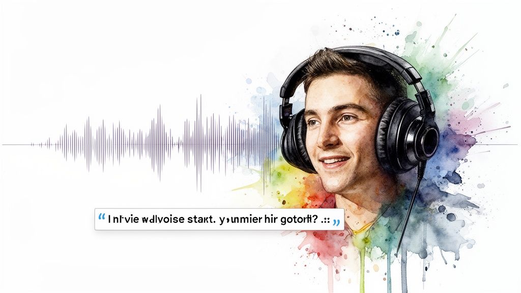 A smiling man wearing headphones with a sound wave, surrounded by vibrant watercolor art.