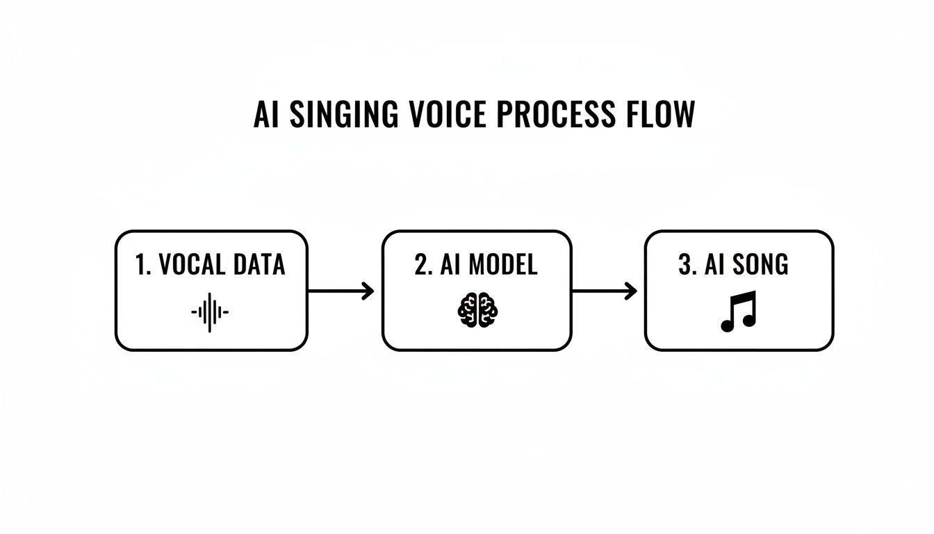 Flowchart illustrating the AI singing voice process, from vocal data to an AI model producing an AI song.