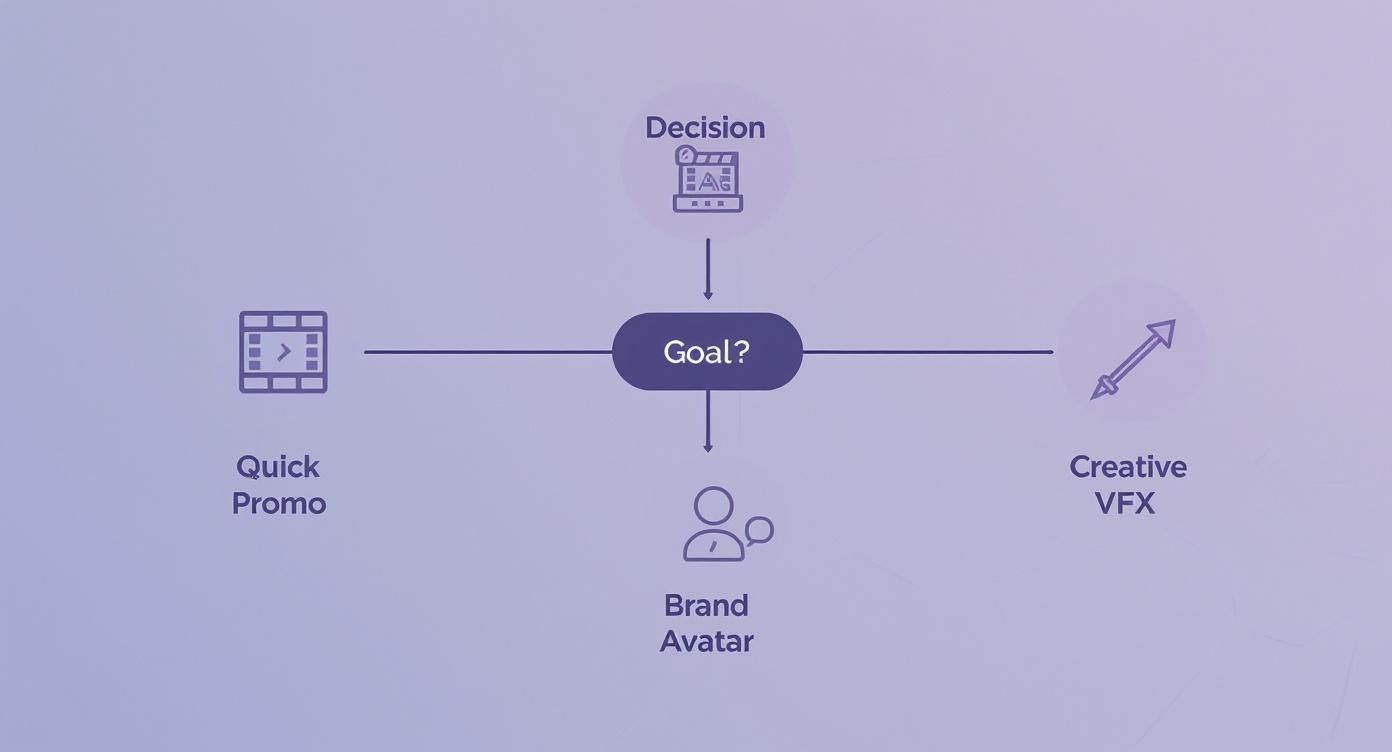 A diagram illustrating video creation goals with options: Decision, Quick Promo, Creative VFX, and Brand Avatar.