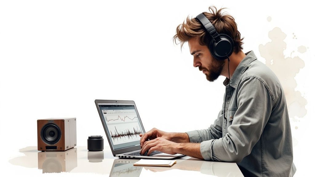 Man with headphones focused on a laptop displaying audio waveforms and editing software on a white desk.