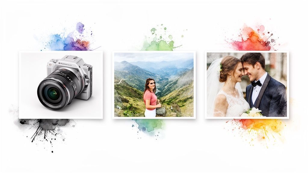 Three images display: a camera, a woman in mountains, and a happy wedding couple with colorful watercolor splashes.