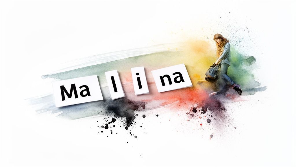 Watercolor artwork featuring the name 'Malina' in white blocks and a woman amidst colorful splashes.