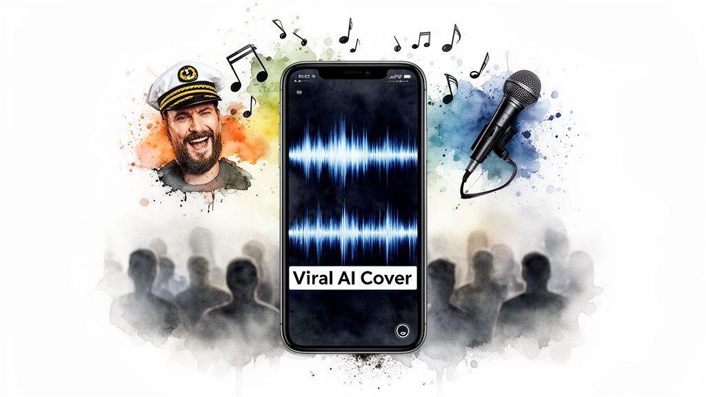 Watercolor art of a joyful singer, microphone, and phone with 'Viral AI Cover' text, musical notes and audience.