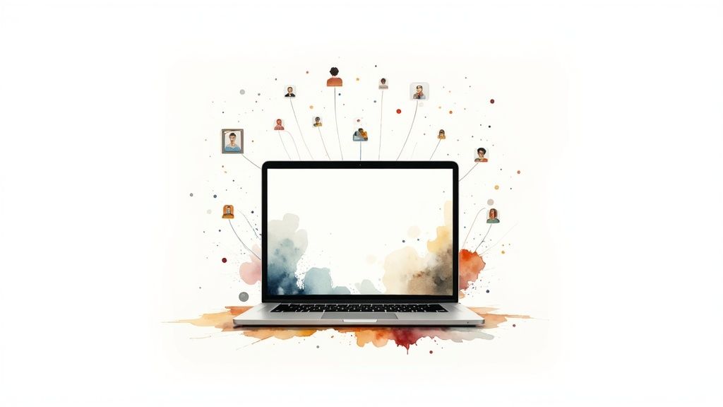 A laptop surrounded by watercolor splatters and connected user profile icons, symbolizing digital communication.