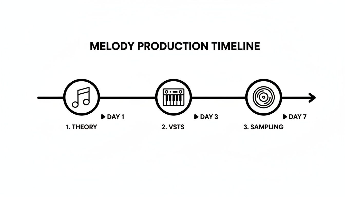 Melody production timeline illustrates three stages: theory on Day 1, VSTs on Day 3, and sampling on Day 7.