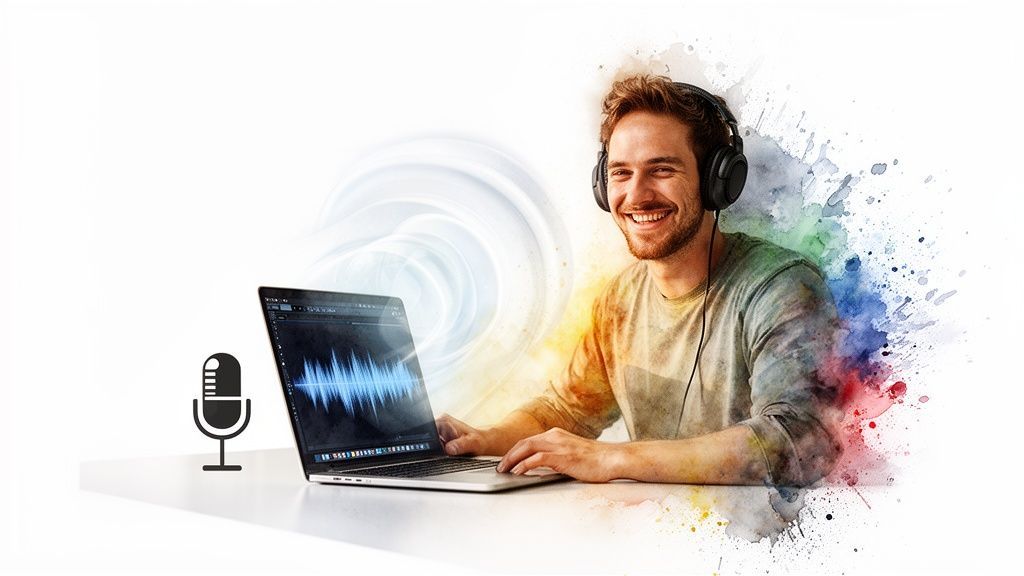 Man in headphones smiling, working on a laptop with an audio waveform, and a microphone icon.