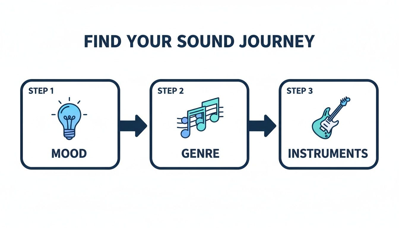 Diagram showing a three-step process: Mood, Genre, and Instruments, represented by a lightbulb, music notes, and a guitar.