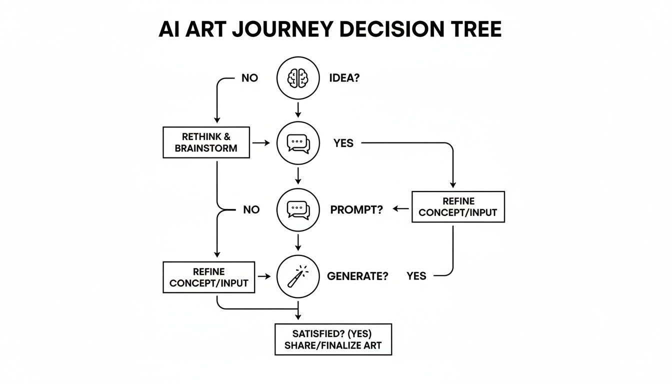 A decision tree flowchart outlining the AI art creation process from idea to finalization.