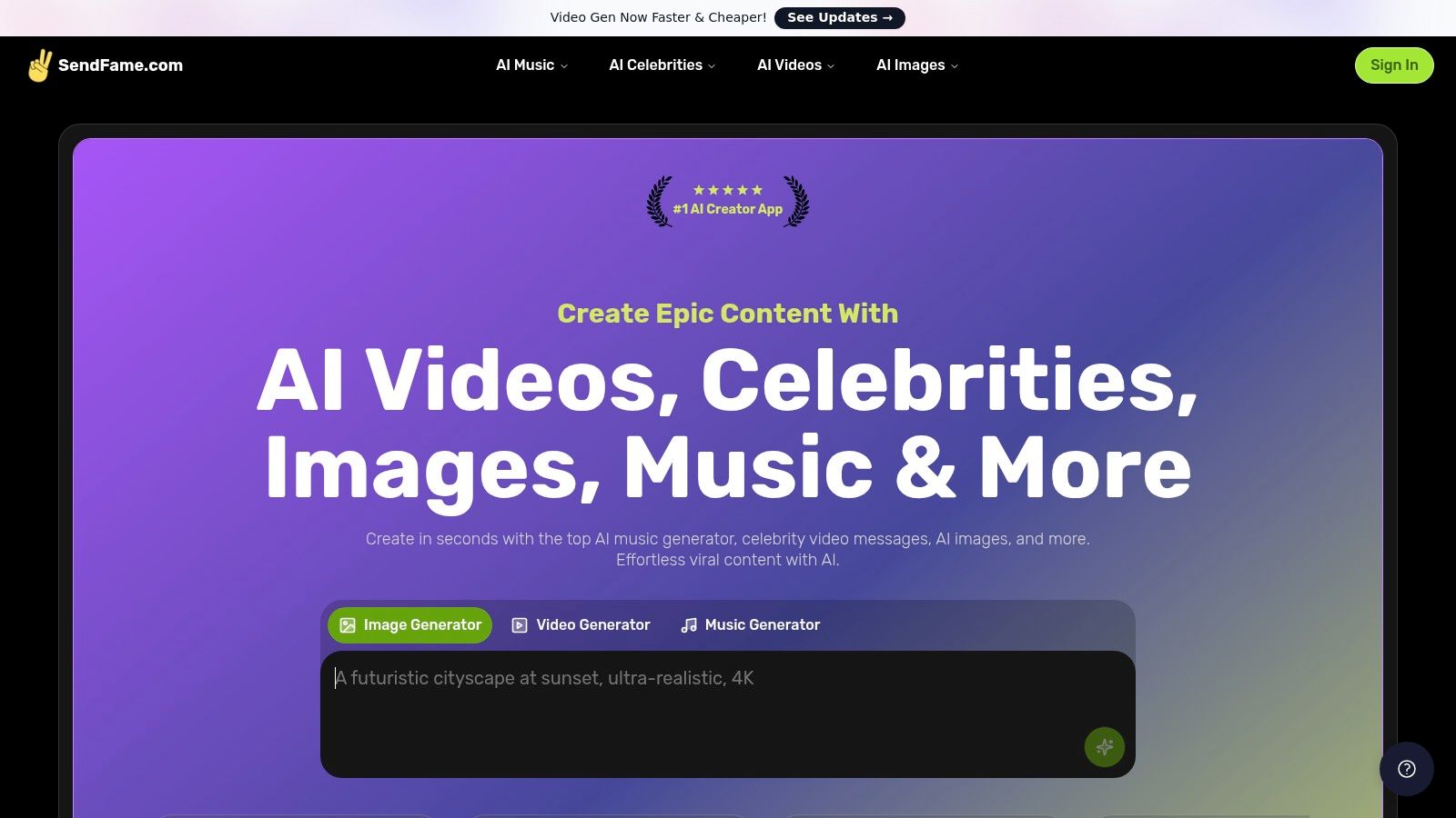 A screenshot of the SendFame website interface, showcasing its celebrity video generation capabilities.