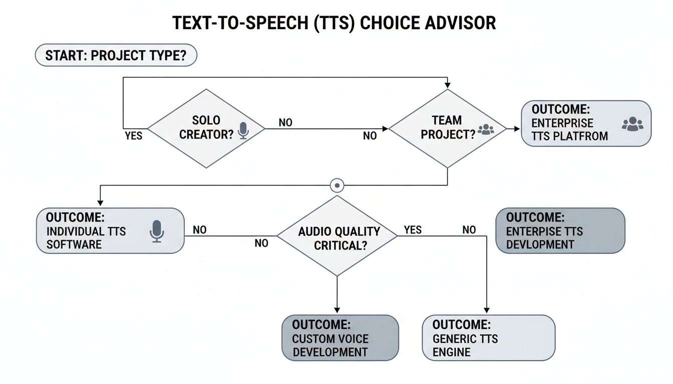 A flowchart titled 'TEXT-TO-SPEECH (TTS) CHOICE ADVISOR' guiding users based on project type and audio quality needs.