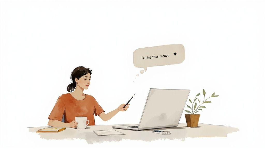 An illustration of a smiling woman working on a laptop, holding a pencil, with a plant and coffee.