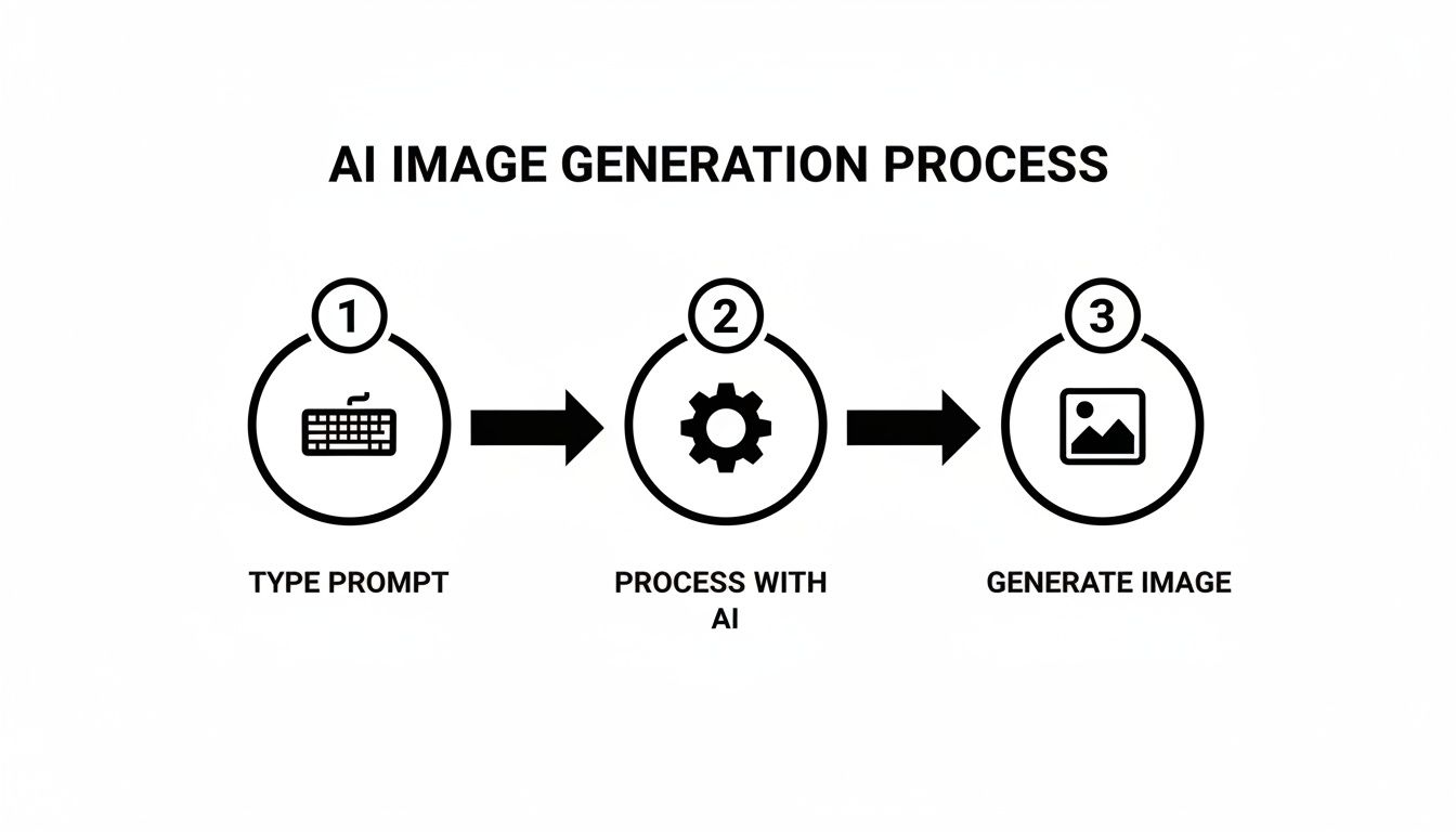 Diagram illustrating the three-step AI image generation process: typing prompt, AI processing, and image generation.