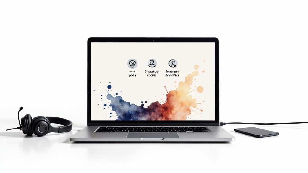 Laptop displaying virtual event planning interface with breakout rooms, polls, and analytics options on screen
