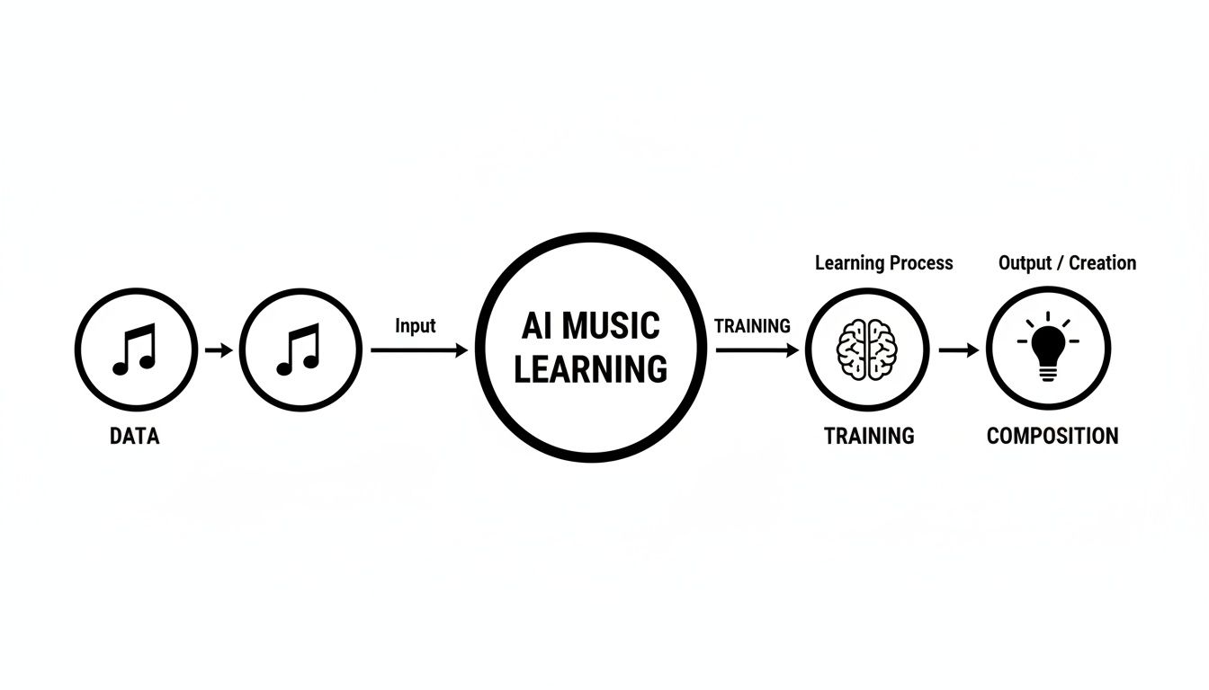 Flowchart illustrating AI music generation, showing data input, AI learning, training, and final composition.