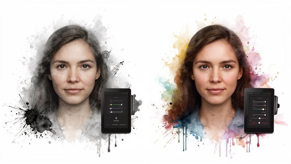 A woman's portrait in two styles: black and white versus vibrant color watercolor, with tablets.