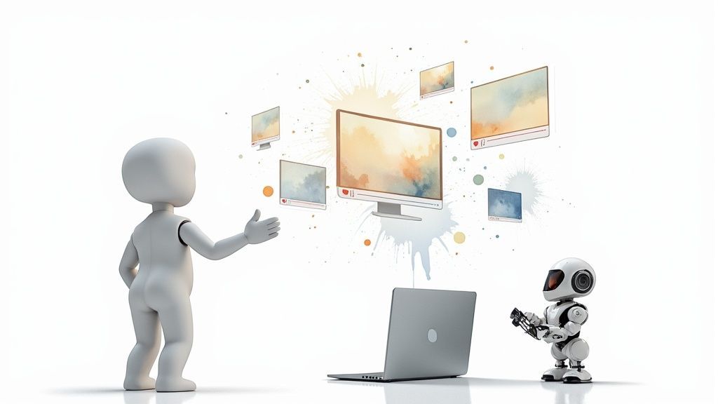 A humanoid figure and a robot interact with floating screens displaying art, representing AI content creation.