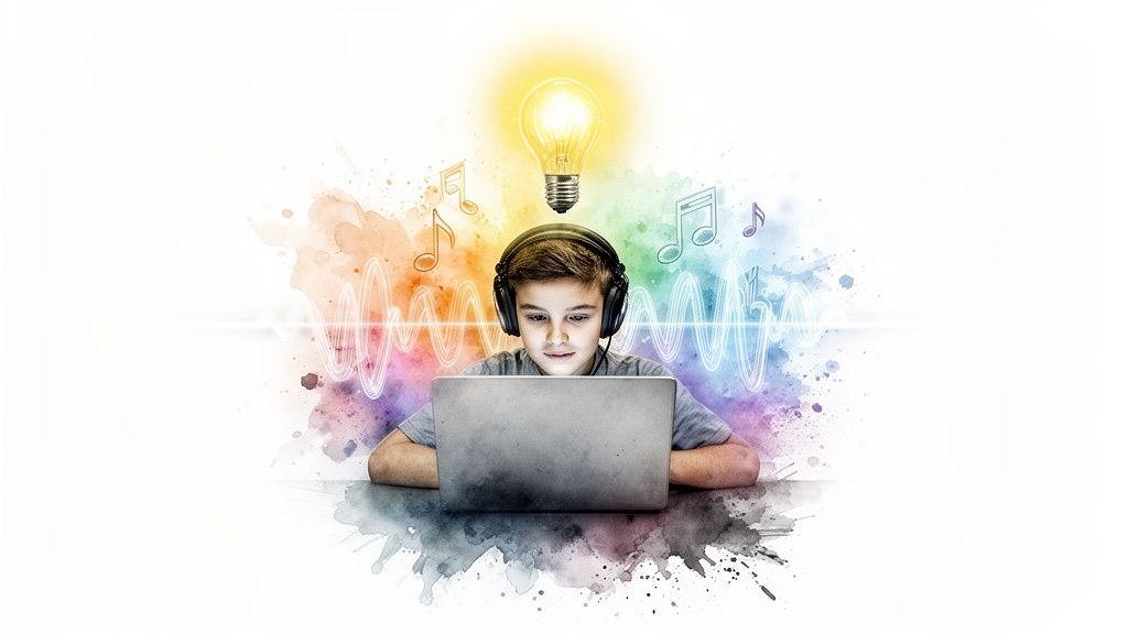Young boy with headphones on laptop, surrounded by colorful sound waves, music notes, and a glowing idea bulb.