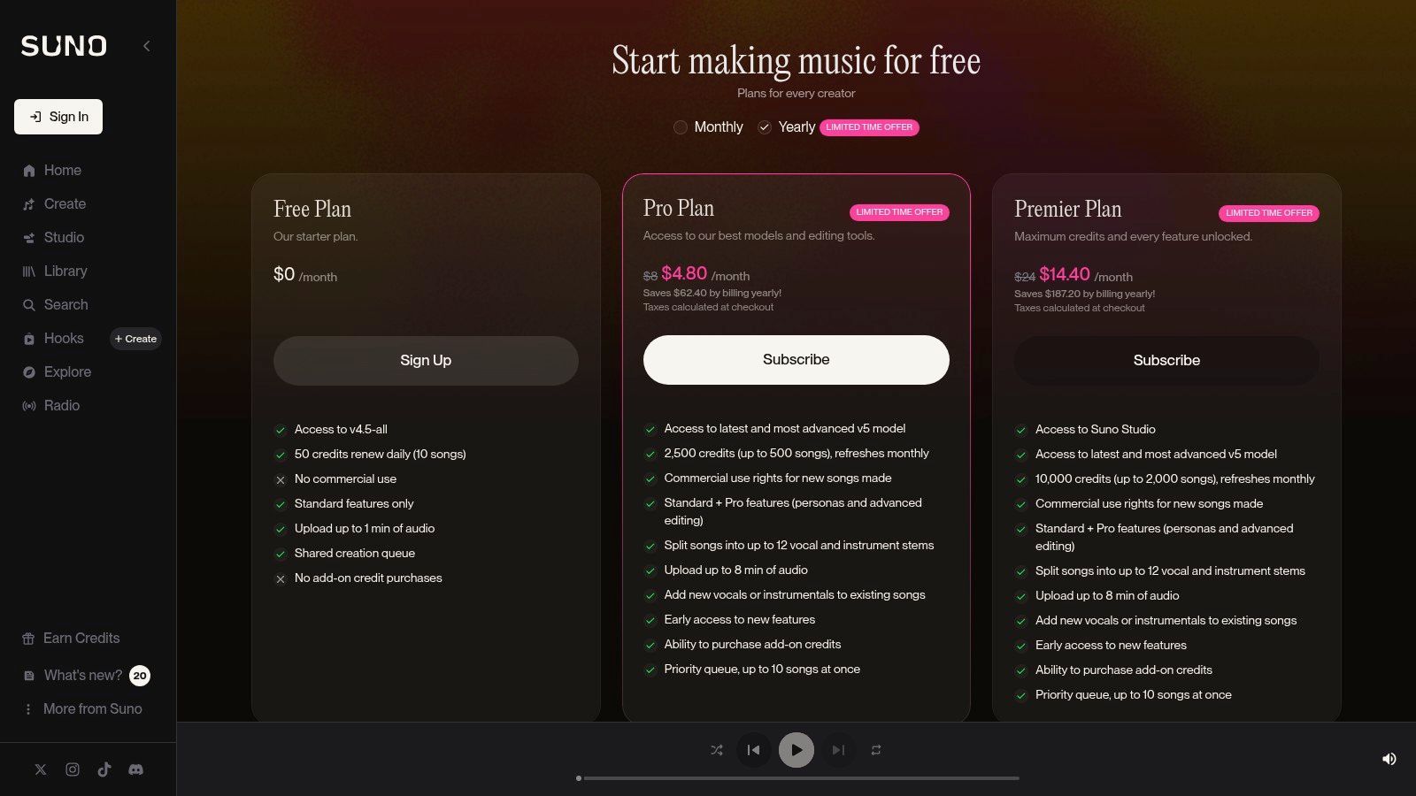Suno AI Music Generator Pricing Page
