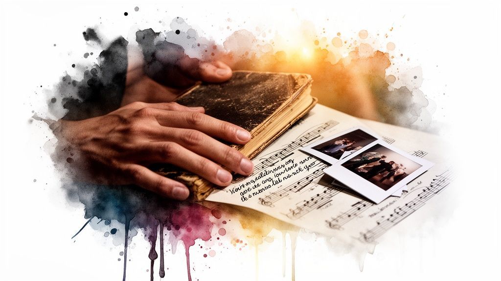 Hands hold an old book on sheet music with instant photos, surrounded by watercolor splashes.
