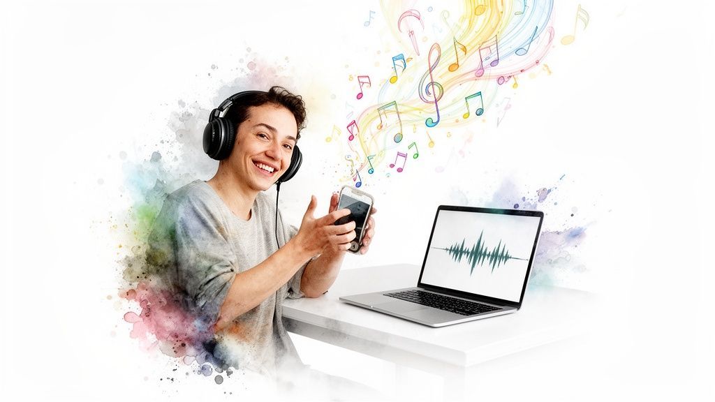 A smiling person wearing headphones uses a smartphone and laptop to create or enjoy music.