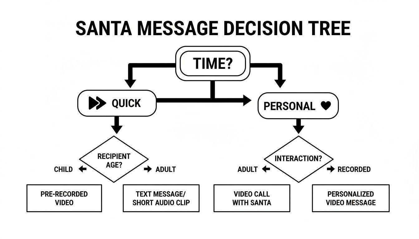 Decision tree outlining options for Santa messages, categorizing by time and recipient.