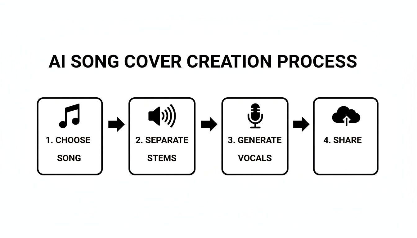 Flowchart illustrating the 4-step AI song cover creation process: choose, separate, generate, share.