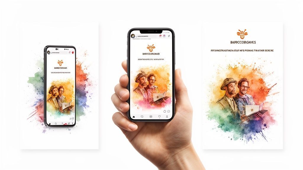 Digital watercolor artwork of two men on smartphones and a print, showcasing creative content.