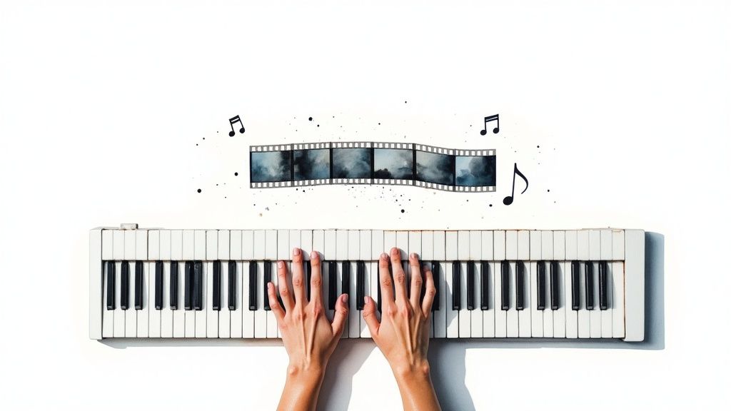Hands playing a piano keyboard with a film strip showing clouds and musical notes above.