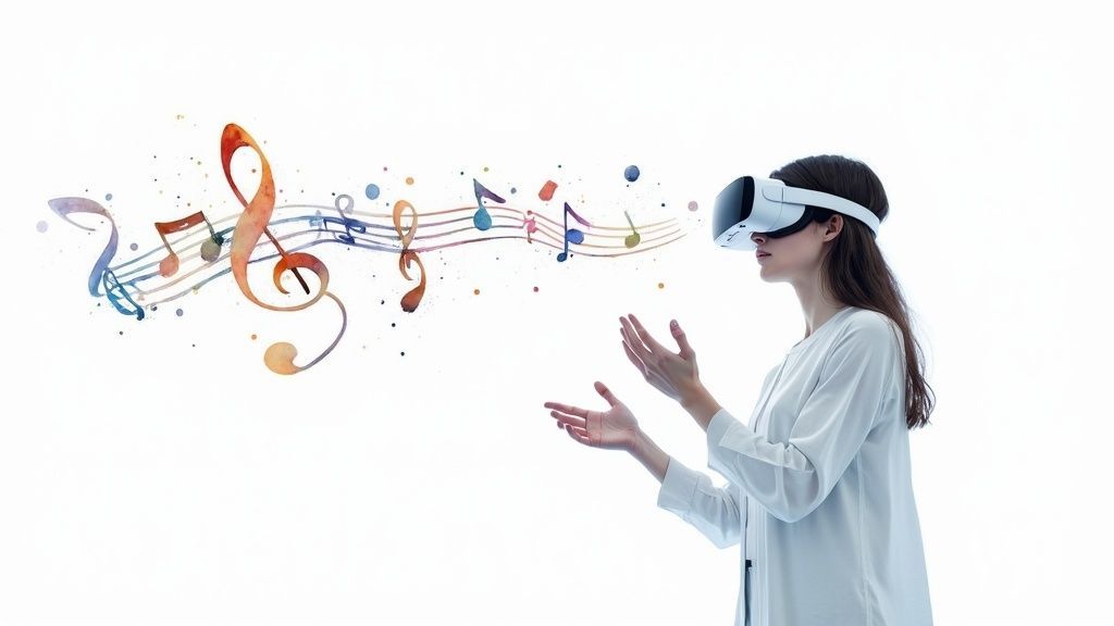 Young woman in VR headset creating colorful virtual musical notes and staff with her hands.