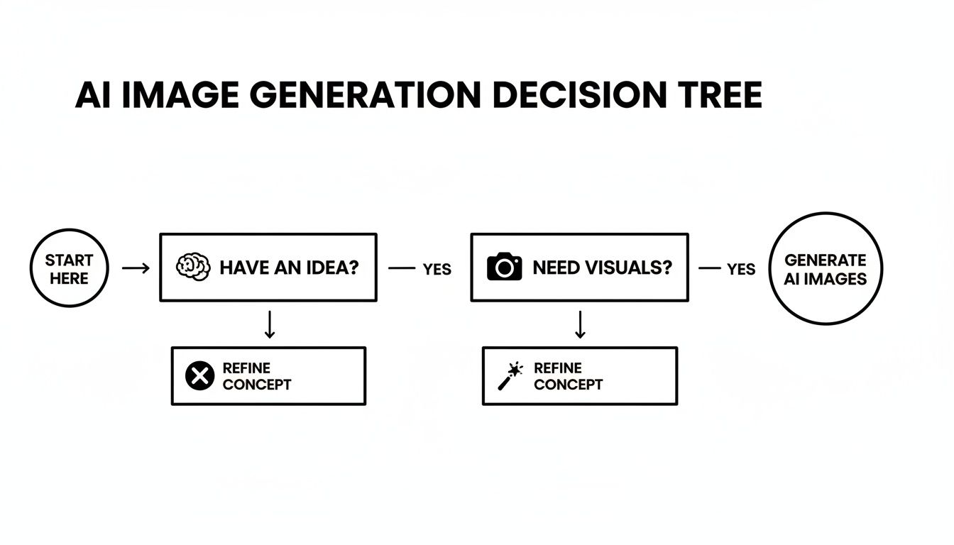 A flowchart detailing the decision-making process for AI image generation, from idea to creation.