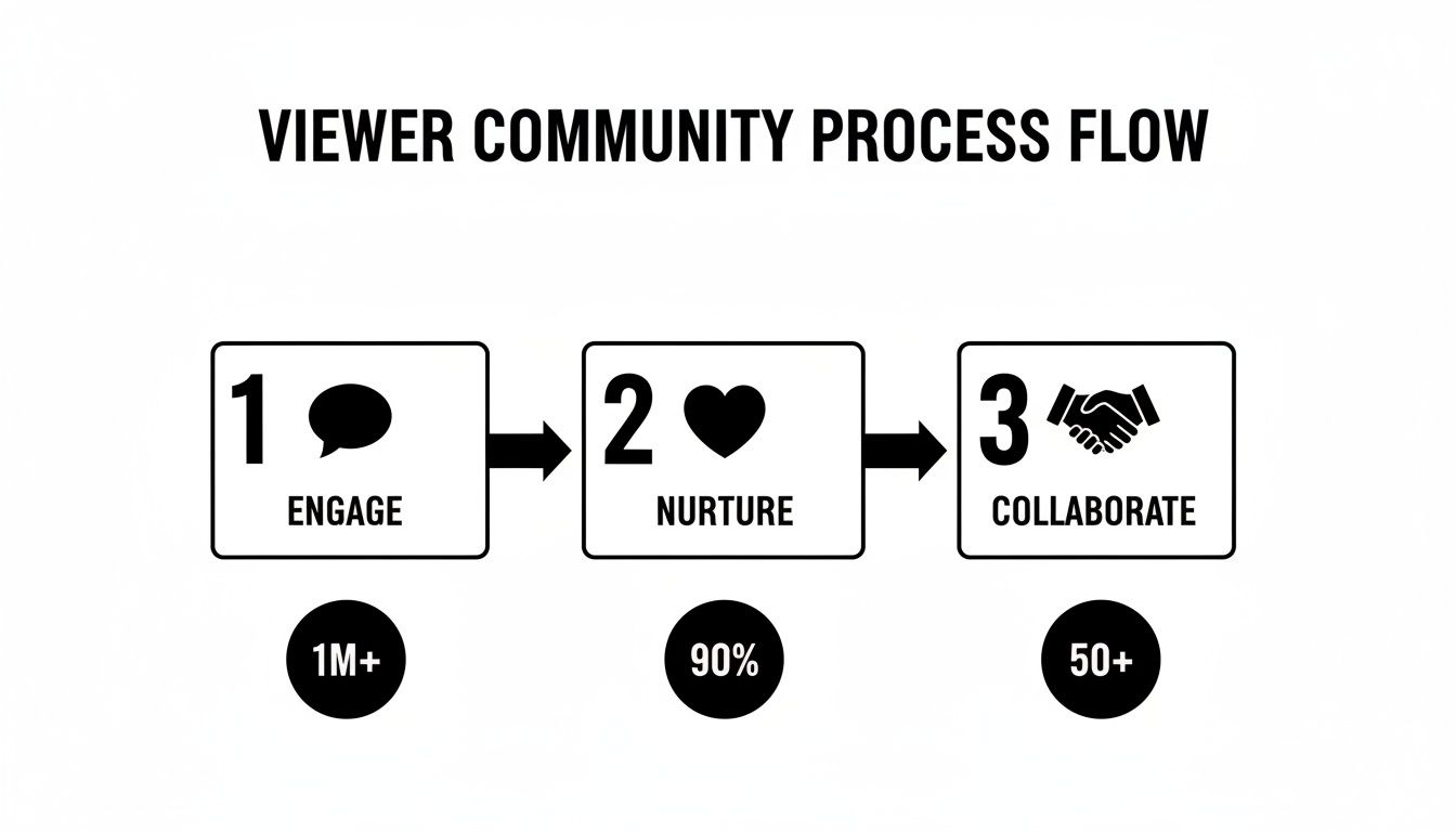 Flowchart illustrating a three-step viewer community process: Engage, Nurture, and Collaborate with metrics.