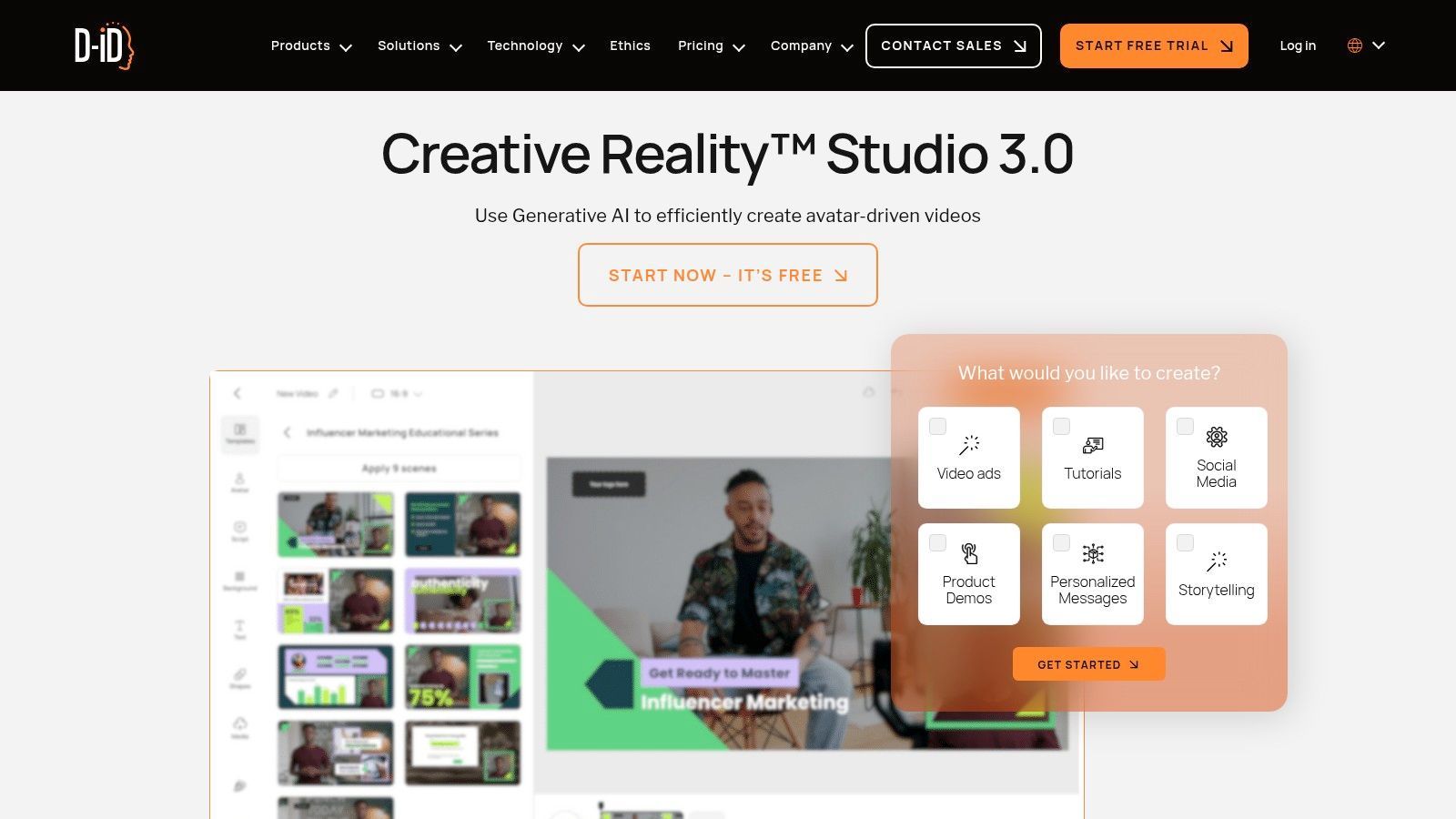 A user interface showing an AI-generated avatar in the D‑ID Creative Reality Studio.