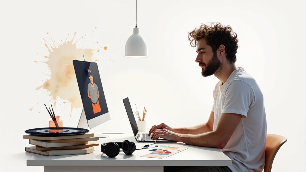 A person designing an album cover on a tablet, showing a vibrant and creative process.