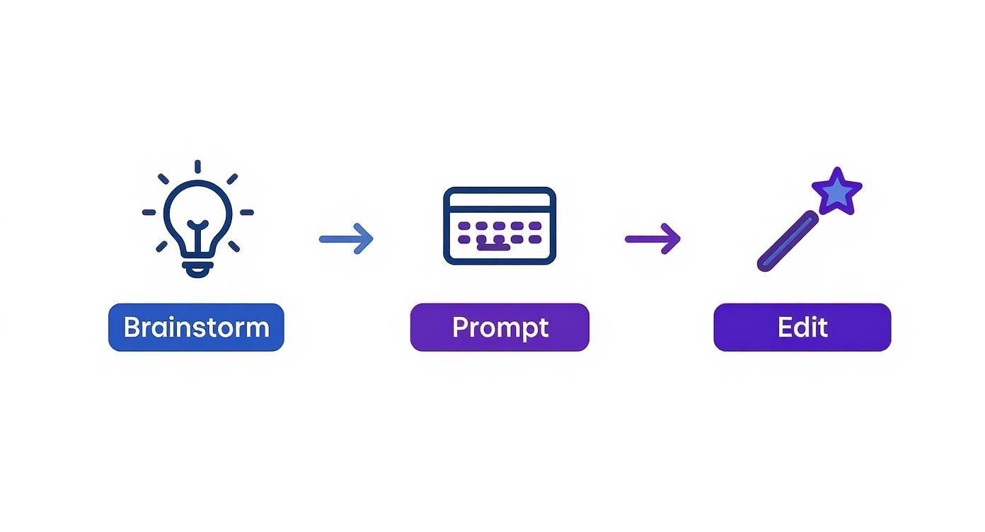 A three-step creative process flow: brainstorm (lightbulb), prompt (calendar), and edit (magic wand).