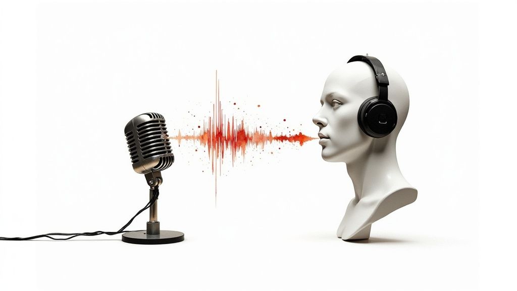 An abstract visualization of soundwaves being processed by a neural network, representing how AI learns to speak.