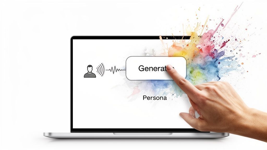 A hand interacts with a laptop screen to generate an AI persona with colorful creative output.
