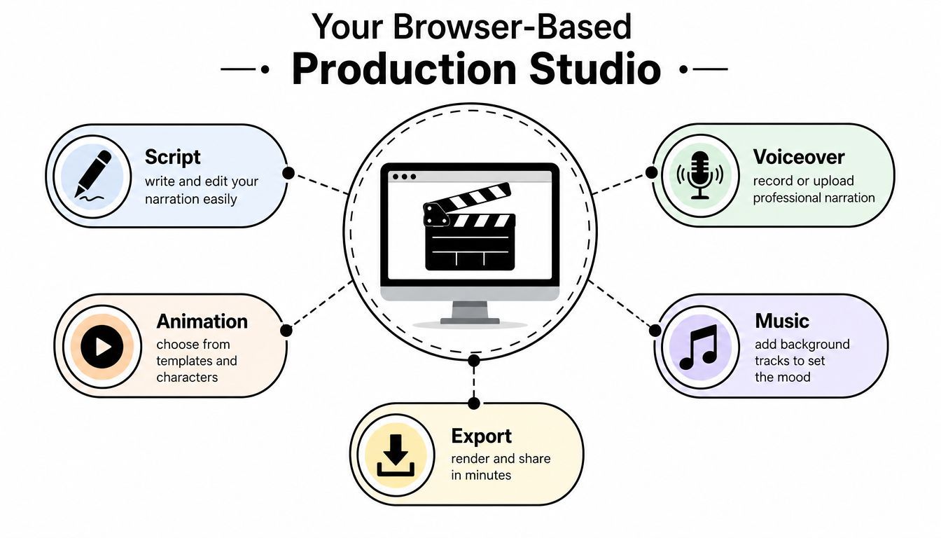 A diagram illustrating the five-step browser-based production studio workflow for creating videos, including script, voiceover, animation, music, and export.