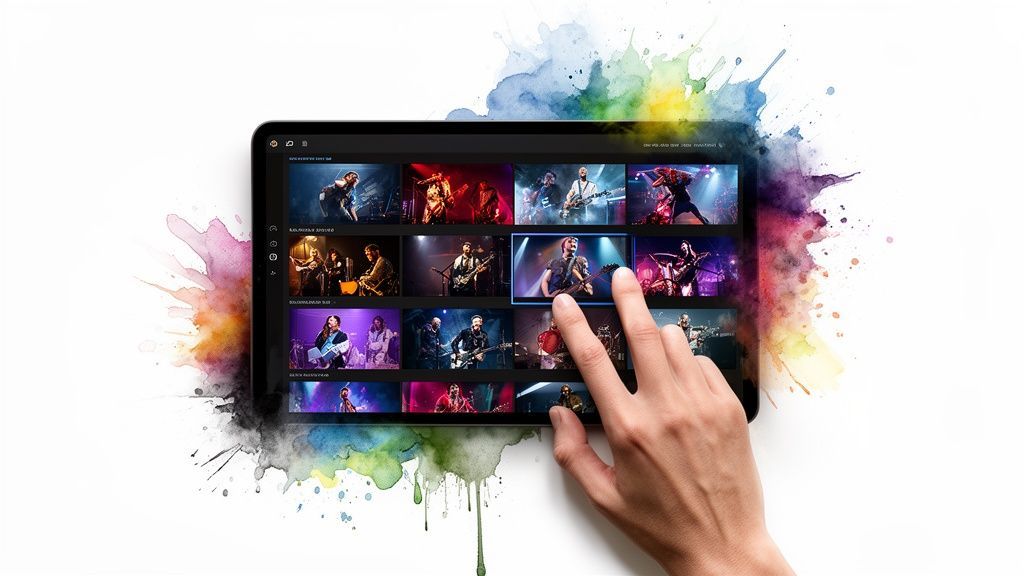 A hand taps a tablet screen showing a grid of music concert photos, surrounded by colorful watercolor splatters.