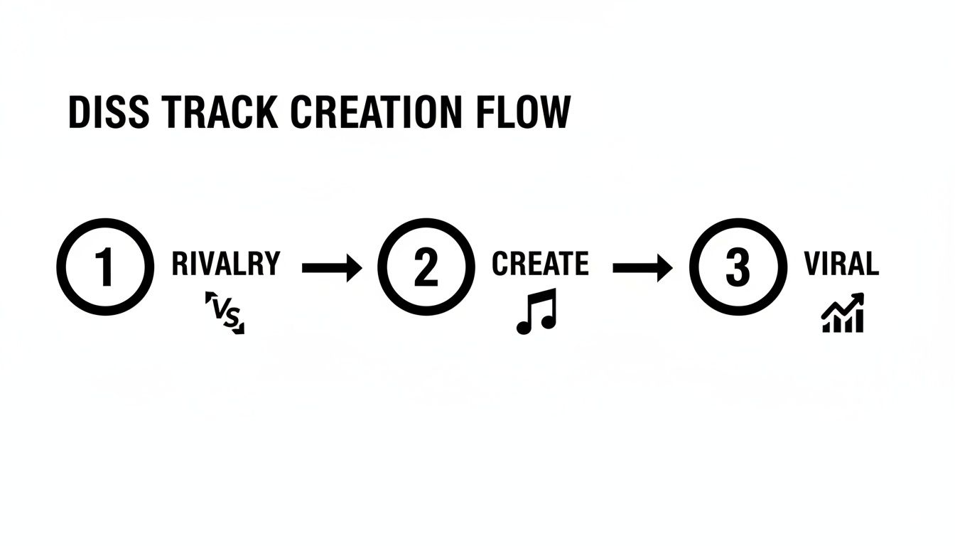 Flowchart illustrating the 3-step diss track creation process: rivalry, creation, and going viral.